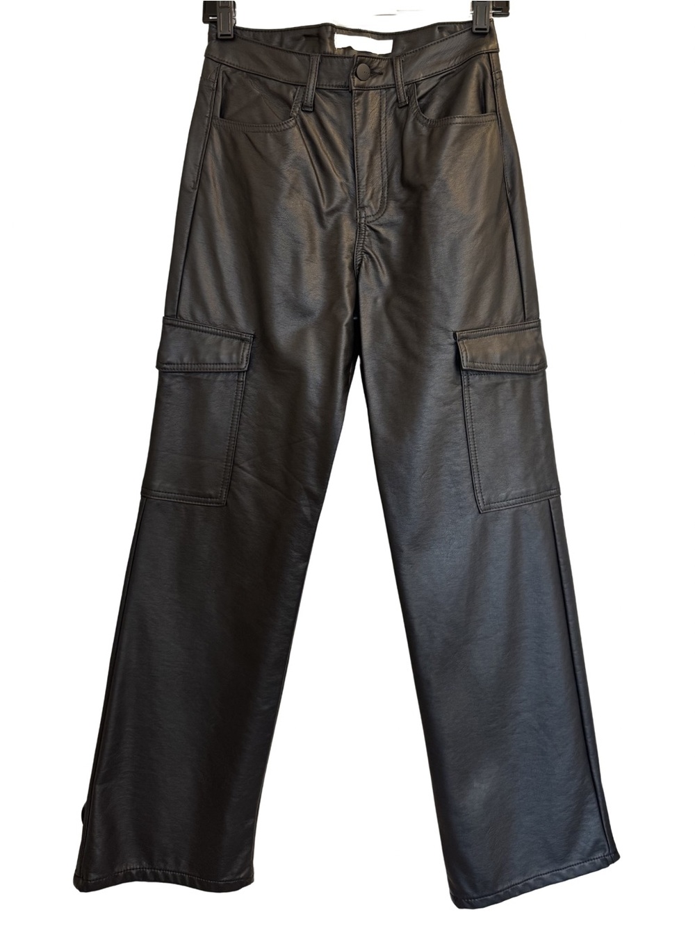 Black Faux Leather Cargo Pants High Rise Wide Leg Size 27